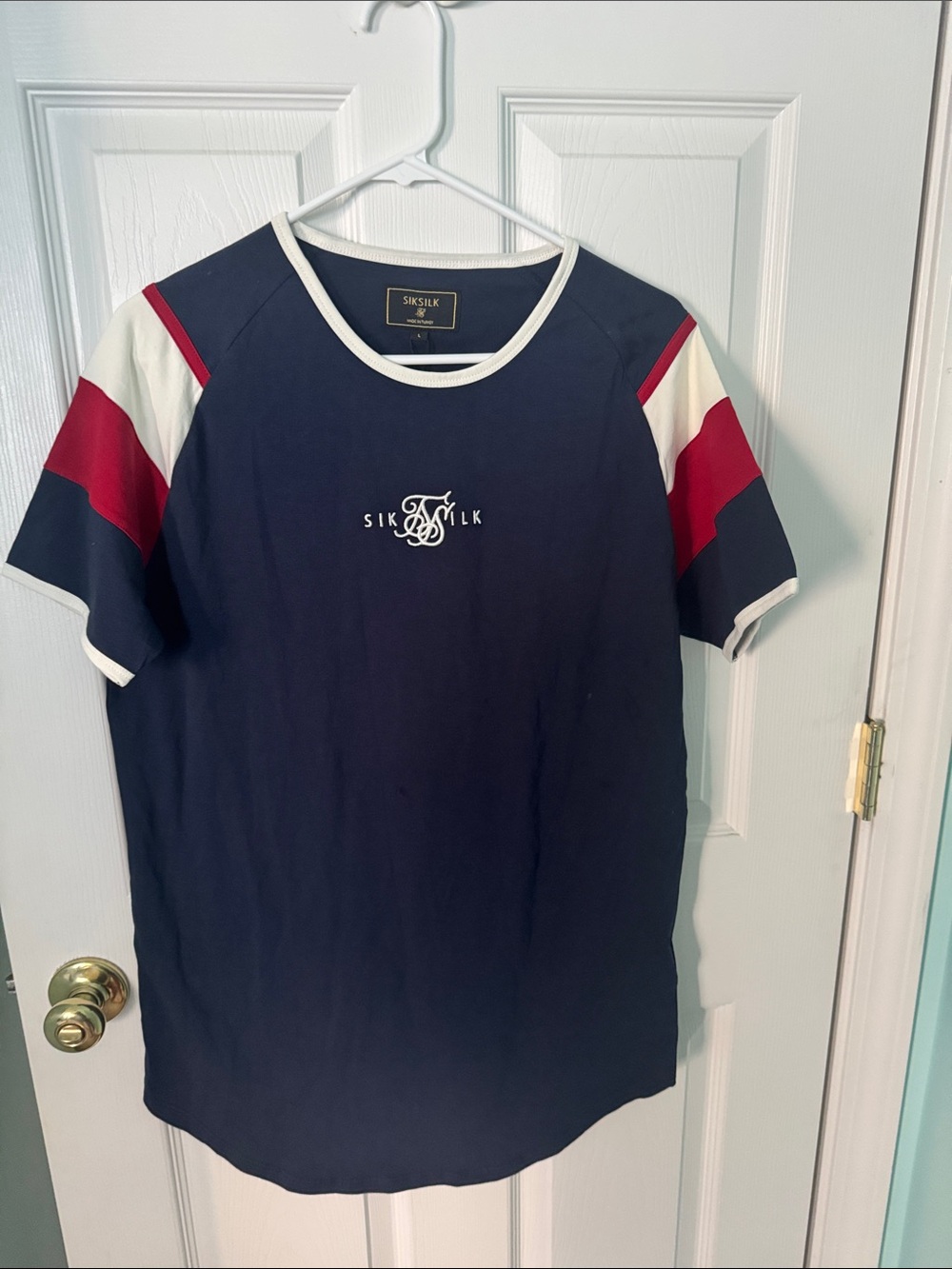 Siksilk Men's Navy Contrast Sleeve Logo T-Shirt size L